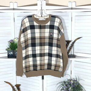 Vintage cotton Golf sweater Jhon Ashford tan black squared plaid grandpa style L